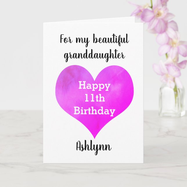 Carte Coeur personnalisé 11e anniversaire petite-fille (Orchidée)