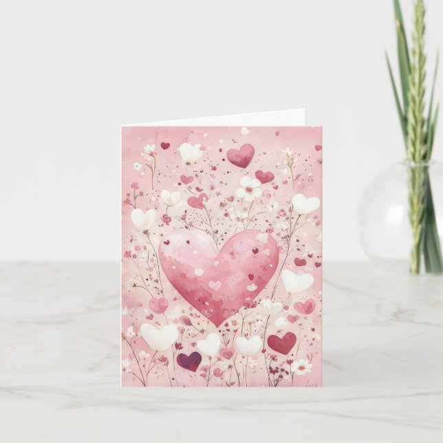 Carte Coeur rose et fleurs Salutation de Valentine (Devant)