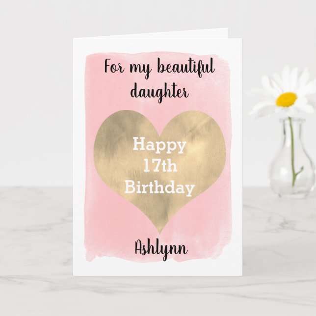 Carte Coeur rose et or 17e anniversaire fille (Petite plante)