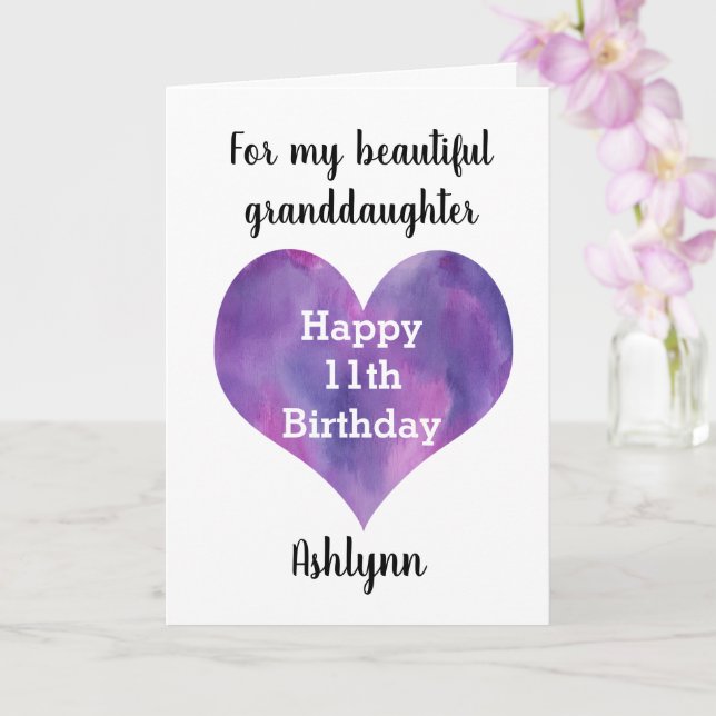 Carte Coeur rose et pourpre 11e anniversaire Grandgirl (Orchidée)