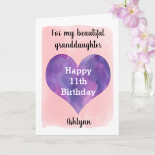 Carte Coeur rose et pourpre 11e anniversaire petite-fill