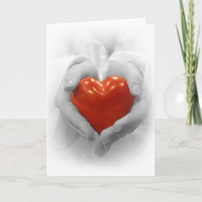 Carte Coeur rouge dans des mains, je t'aime forme (Devant)