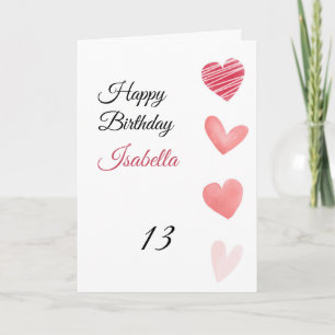 Carte Coeurs d'aquarelle rose et rouge 13e anniversaire