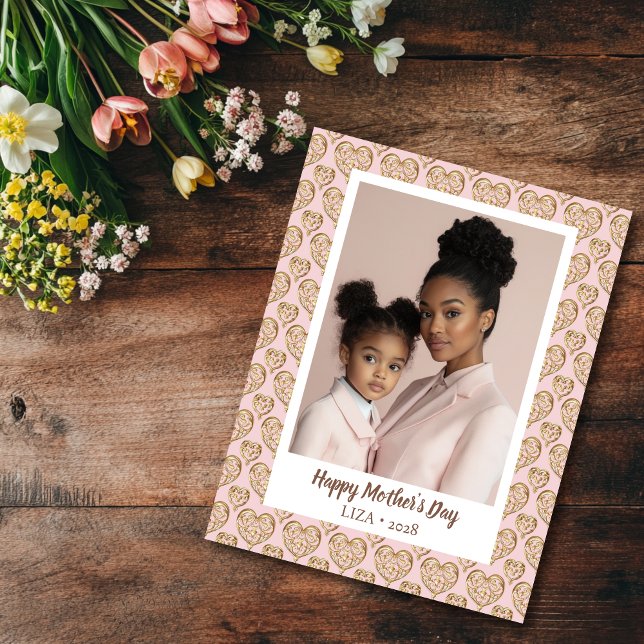 Carte Coeurs d'or rose pâle Photo de la Fête des mères (Blush Pink Golden Hearts Mother's Day Photo Card)