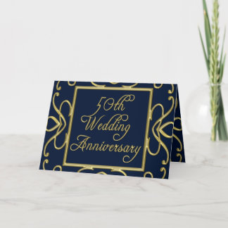 Carte Cœurs Dorés Sur Fond Bleu 50e Anniversaire De Mari