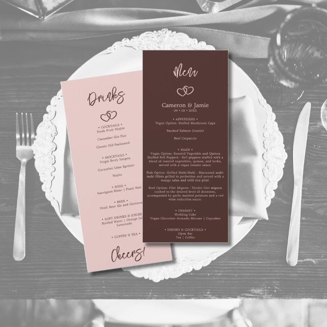 Carte Coeurs minimalistes Sienna Red Diner & Boissons Me (Minimalist Hearts Sienna Red Dinner & Drinks Menu)