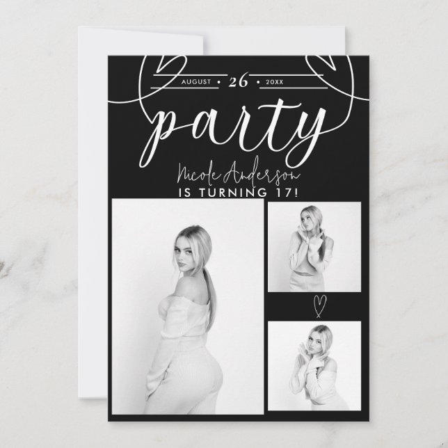 Carte Coeurs modernes Black & White Photo Party Annivers (Devant)