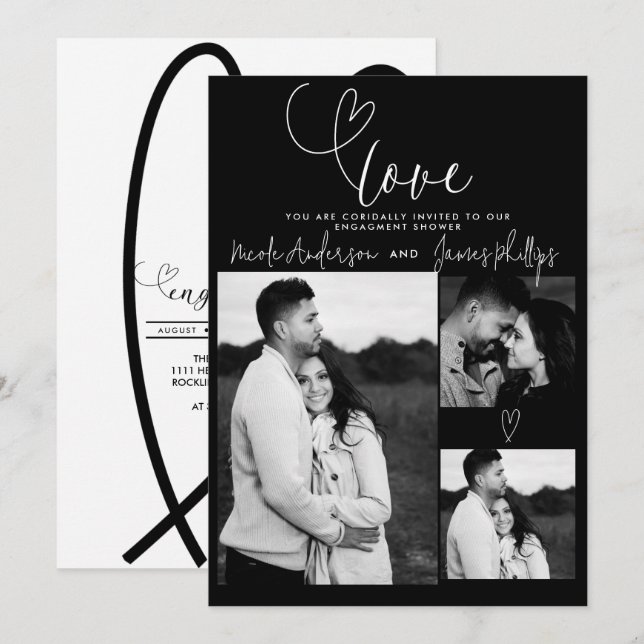 Carte Coeurs modernes Noir Blanc Minimal AMOUR Fiançaill (Devant / Derrière)
