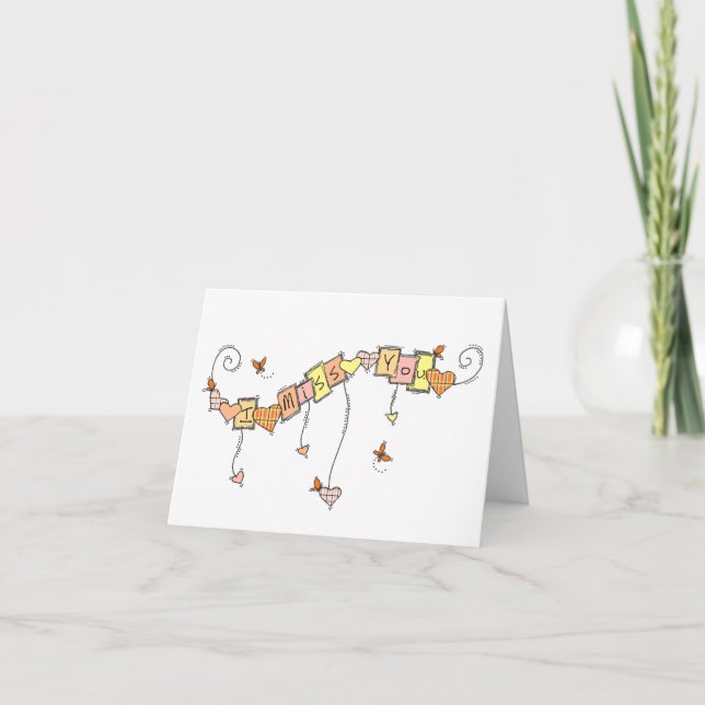 Carte Coeurs Plaid & Papillons, Je Vous Manque (Devant)