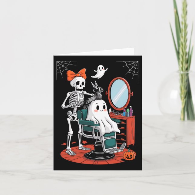 Carte Coiffeur squelette d'Halloween Coiffeuse (Devant)
