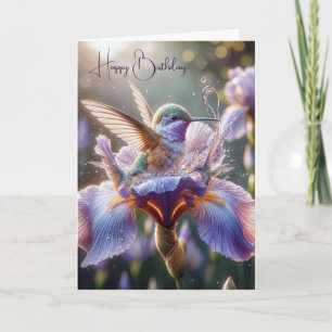 Carte Colibri éclaboussant dans un iris violet