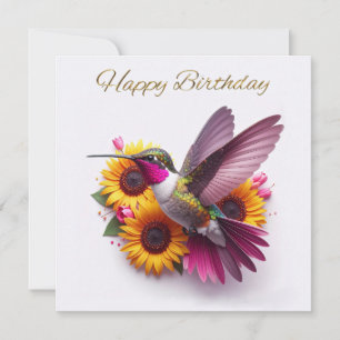 Carte Colibri volant avec des fleurs Joyeux Anniversaire
