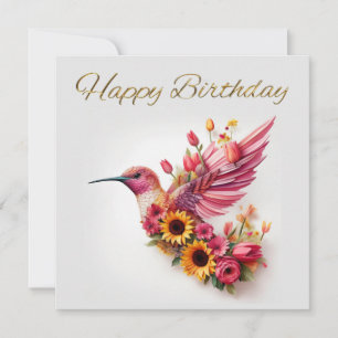 Carte Colibri volant avec des fleurs Joyeux Anniversaire