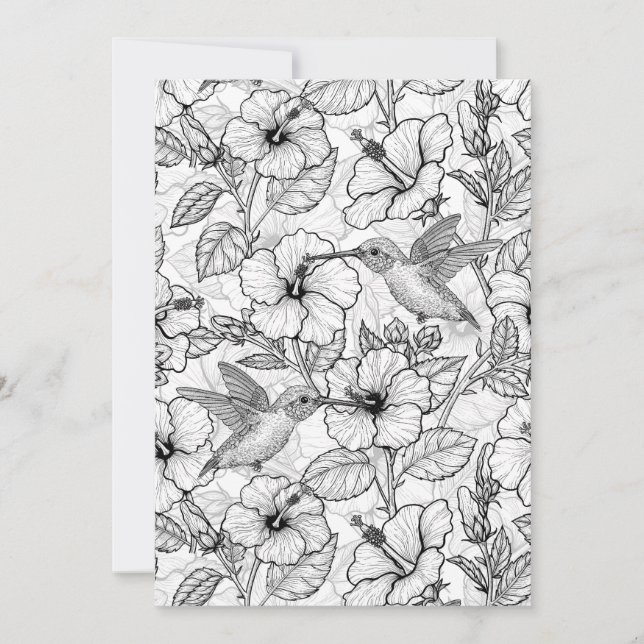 Carte Colibris et fleurs d'hibiscus b&w (Devant)