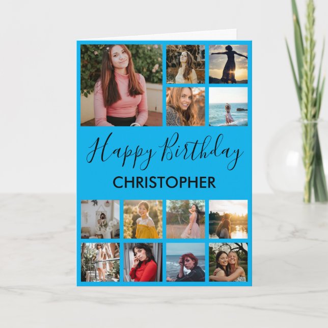 Carte Collage Anniversaire 13 Photos Bleu (Devant)
