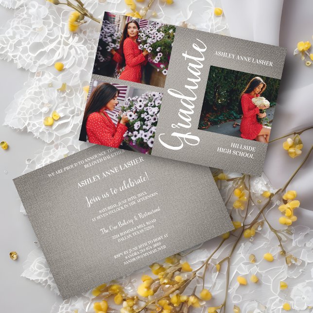 Carte Collage gris Trois photos Texture de la graduation (Grey Natural Fabric Collage 3 Multi Photos Grad Graduation Invitation.)