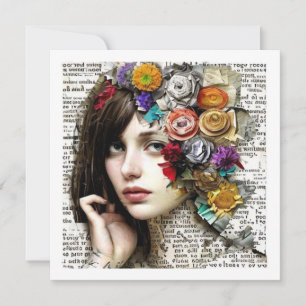 Carte Collage   Jolie fille avec des fleurs dans ses che
