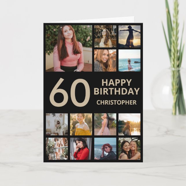 Carte Collage photo de 60e anniversaire 13 Photos Black  (Devant)
