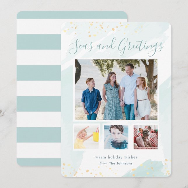 Carte Collage photo de l'aquarelle de Noël côtière (Devant / Derrière)