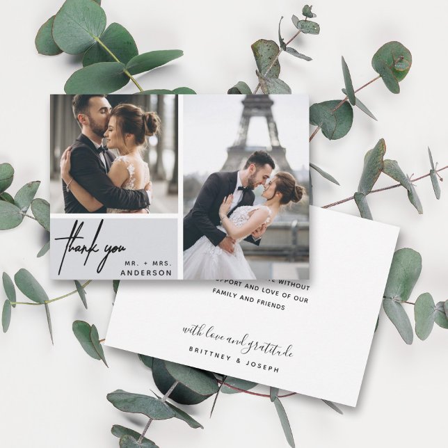 Carte Collage photo gris moderne Merci Mariage (Two photo hand lettered thank you wedding card with a minimalistic design perfect for any couple.)