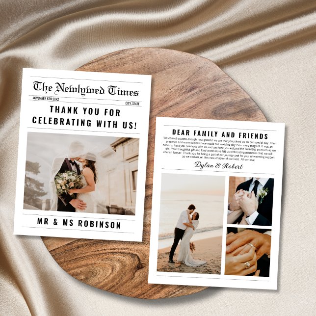Carte Collage photo journal Merci de mariage élégant (newspaper wedding thank you card 4 photo collage classic elegant)