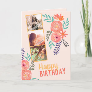 Carte Collage photo "Joyeux anniversaire" Roses de corai