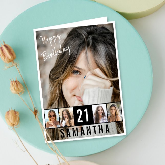 Carte Collage photo personnalisé d'anniversaire (Celebrate big with a custom birthday card featuring 6 photos and your own heartfelt message!)