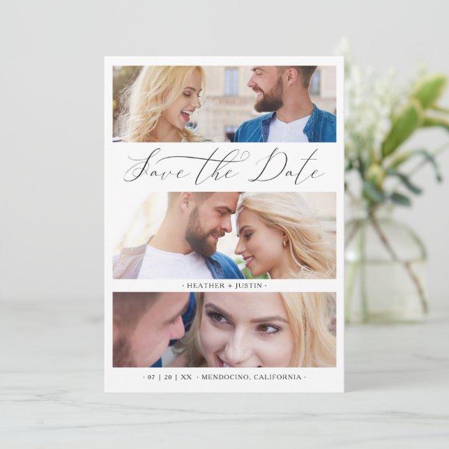 Carte Collage Trendy Script 3 Wedding Engagement Photos (Debout devant)