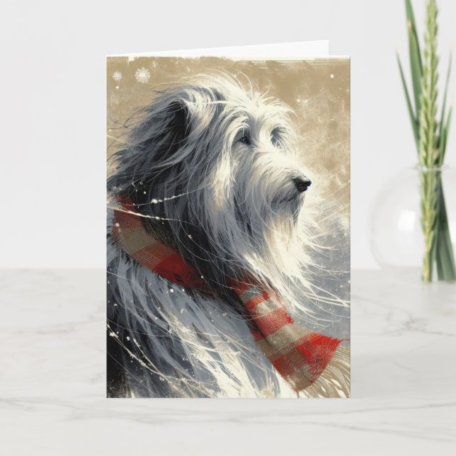 Carte Collie barbu de Noël dans les flocons de neige (Devant)