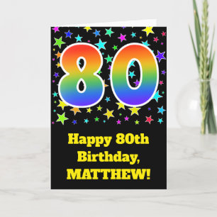 Carte Colorful Stars + Rainbow Pattern "80" Birthday #
