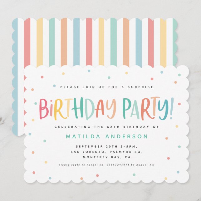 Carte Colourful rainbow surprise birthday polka dots  (Devant / Derrière)