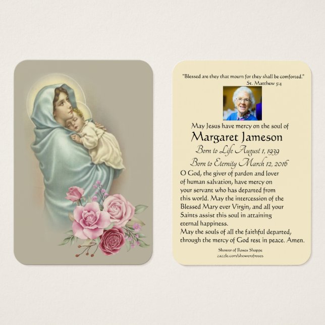 Carte commémorative de prière funéraire Vierge Mar (Devant & derrière)