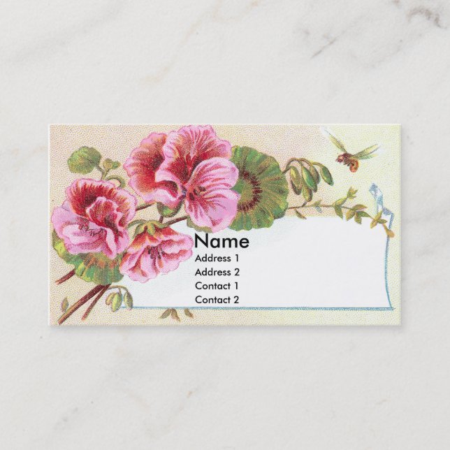 Carte commerciale victorienne de géraniums roses (Devant)