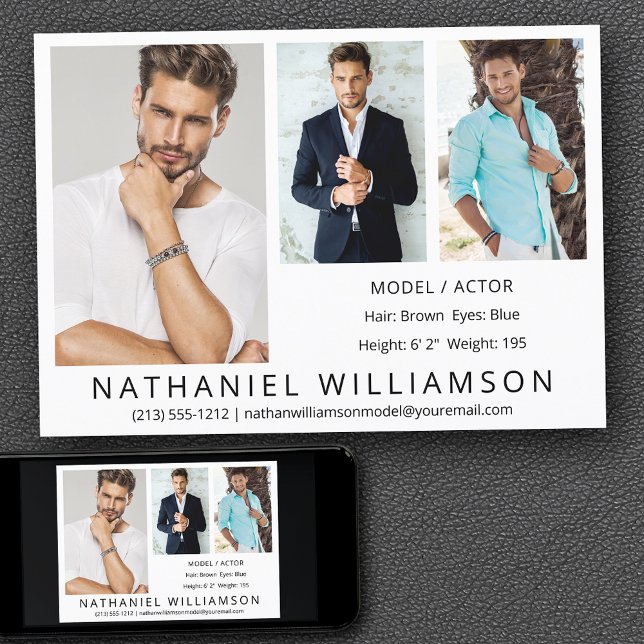 Carte Comp Moderne Pro Model Actor 3 Photos (Customize to change background color, text size, style or to add more photos to back of card.)