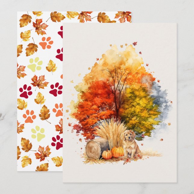 Carte Conception de chien d'automne à l'aquarelle - Gold (Devant / Derrière)
