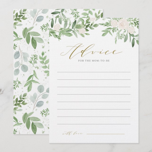Carte Conseil Aquarelle Baby shower vert et fleurs blanches (Devant / Derrière)