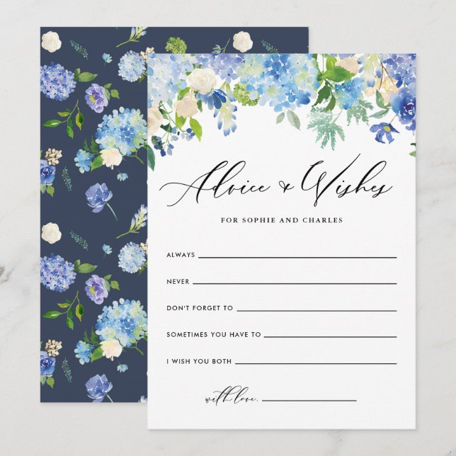 Carte Conseil Aquarelle Bleu Hydrangée Mariage bien souhaits (Devant / Derrière)