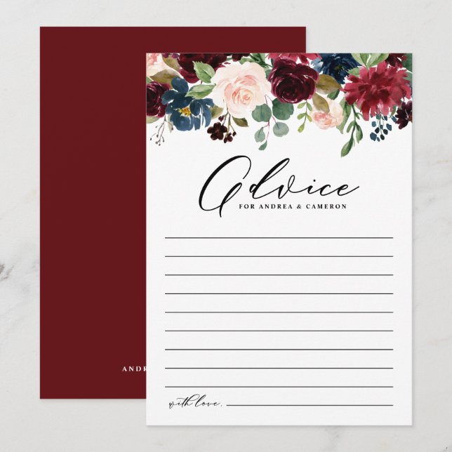 Carte Conseil Aquarelle Bourgogne et Mariage de fleurs de marine (Devant / Derrière)