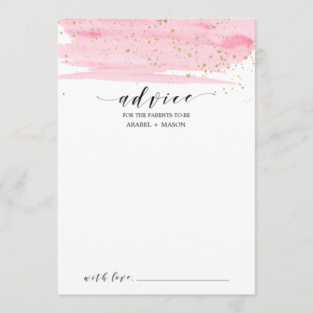 Carte Conseil Aquarelle rose pâle et Baby shower or (Devant)