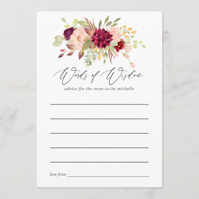 Carte Conseil Baby shower Boho Bourgogne et Blush (Devant)