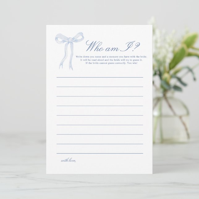 Carte Conseil Blue Bow Who am I Fête des mariées Game (Debout devant)