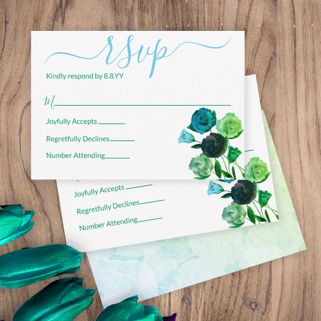 Carte Conseil Boîtier RSVP Rose bleu, vert, Turquoise (green blue spring flowers wedding theme rsvp response reply cards botanical turquoise teal roses )