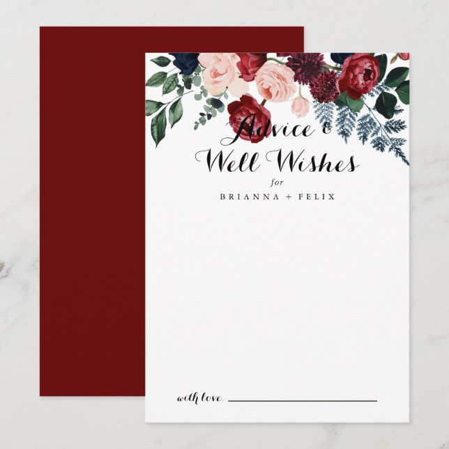 Carte Conseil Burgundy Pink Navy Floral Mariage (Devant / Derrière)
