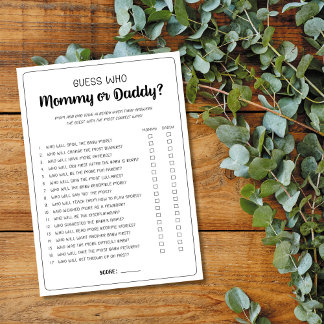 Carte Conseil Devinez qui maman ou papa jeu Baby shower jeu