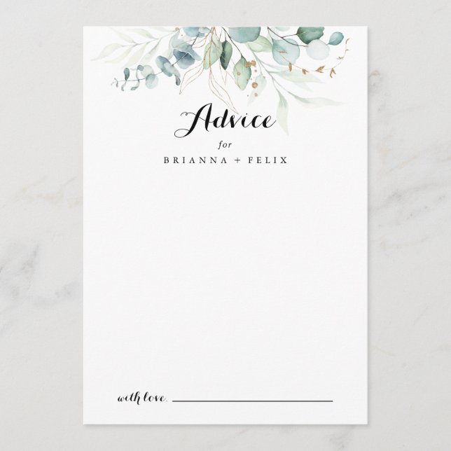 Carte Conseil Mariage de calligraphie florale d'or Eucalyptus ru (Devant)