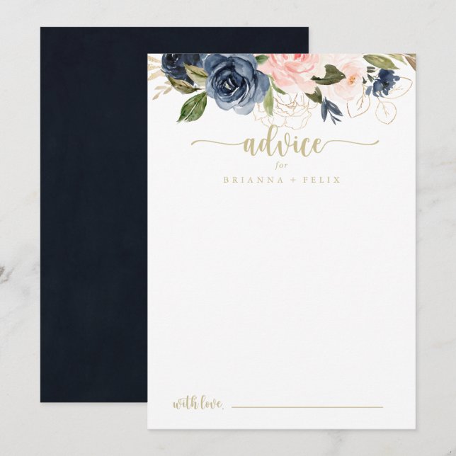 Carte Conseil Mariage d'or floral Blush Navy (Devant / Derrière)