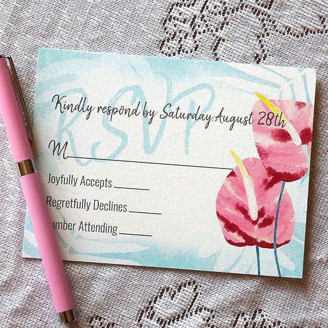 Carte Conseil Mariage Tropical Rose Turquoise RSVP (Tropical Wedding RSVP card with Tropical Gumdrop Flowers)