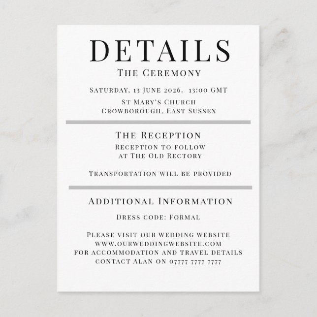 Carte Conseil Minimalist Wedding Details Card | Elegant Editable (Devant)