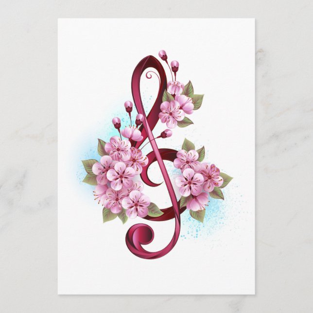 Carte Conseil Musical treble clef notes with sakura flowers (Devant)