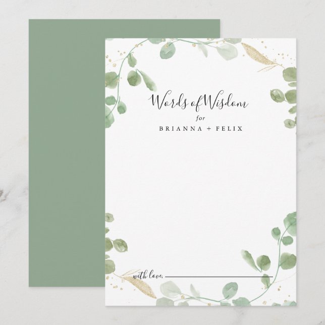 Carte Conseil Or Confetti Eucalyptus Mariage Paroles de sagesse (Devant / Derrière)